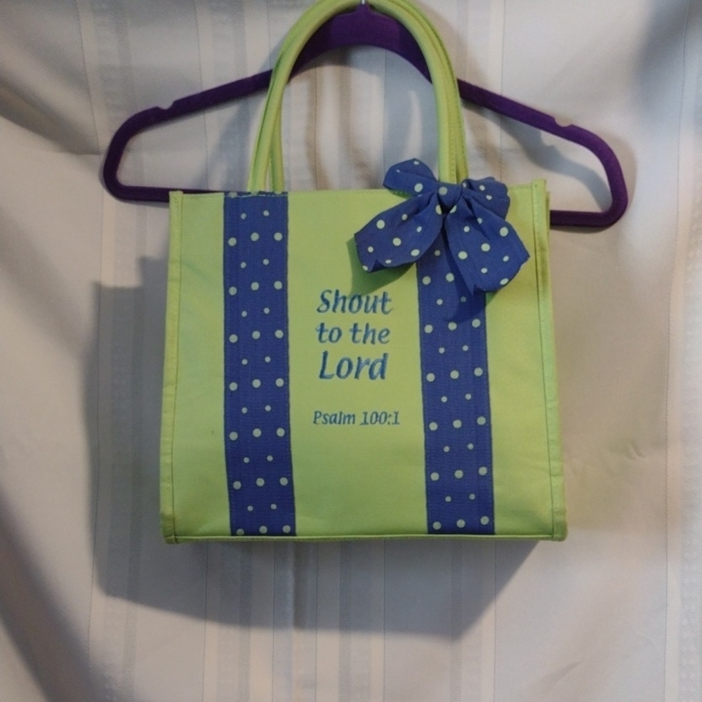 Vibrant Green and Blue Polka Dot Tote Bag W/Decorative Bow, Zip Top, Side Pocket